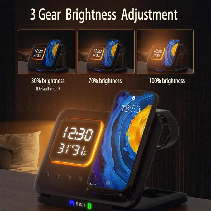 5-in-1 Wireless Charging Stand – 15W Fast Charger & LED Alarm Clock