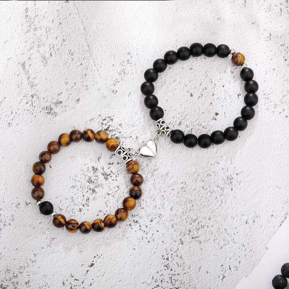 Magnetic Couple Bracelets – Heart Pendant & Natural Stone Design