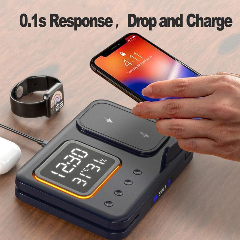 5-in-1 Wireless Charging Stand – 15W Fast Charger & LED Alarm Clock