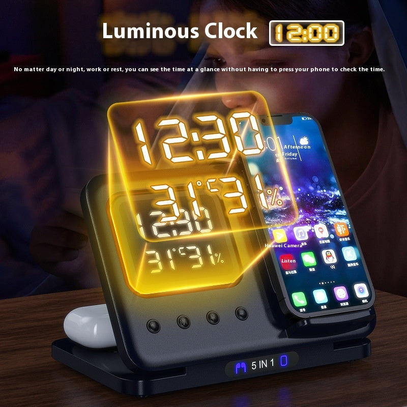 5-in-1 Wireless Charging Stand – 15W Fast Charger & LED Alarm Clock