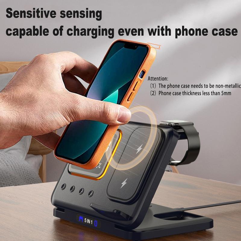 5-in-1 Wireless Charging Stand – 15W Fast Charger & LED Alarm Clock