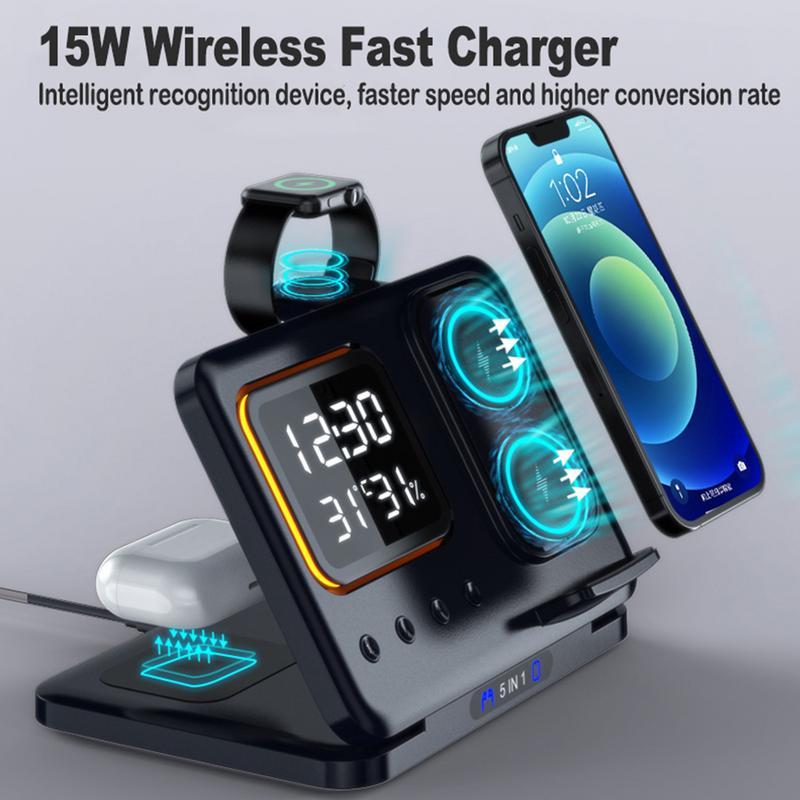 5-in-1 Wireless Charging Stand – 15W Fast Charger & LED Alarm Clock