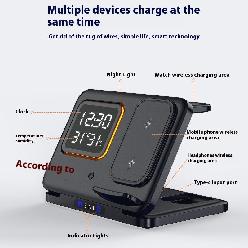 5-in-1 Wireless Charging Stand – 15W Fast Charger & LED Alarm Clock