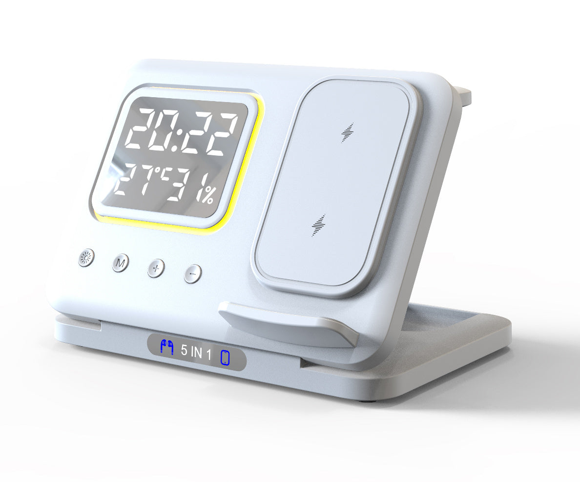 5-in-1 Wireless Charging Stand – 15W Fast Charger & LED Alarm Clock