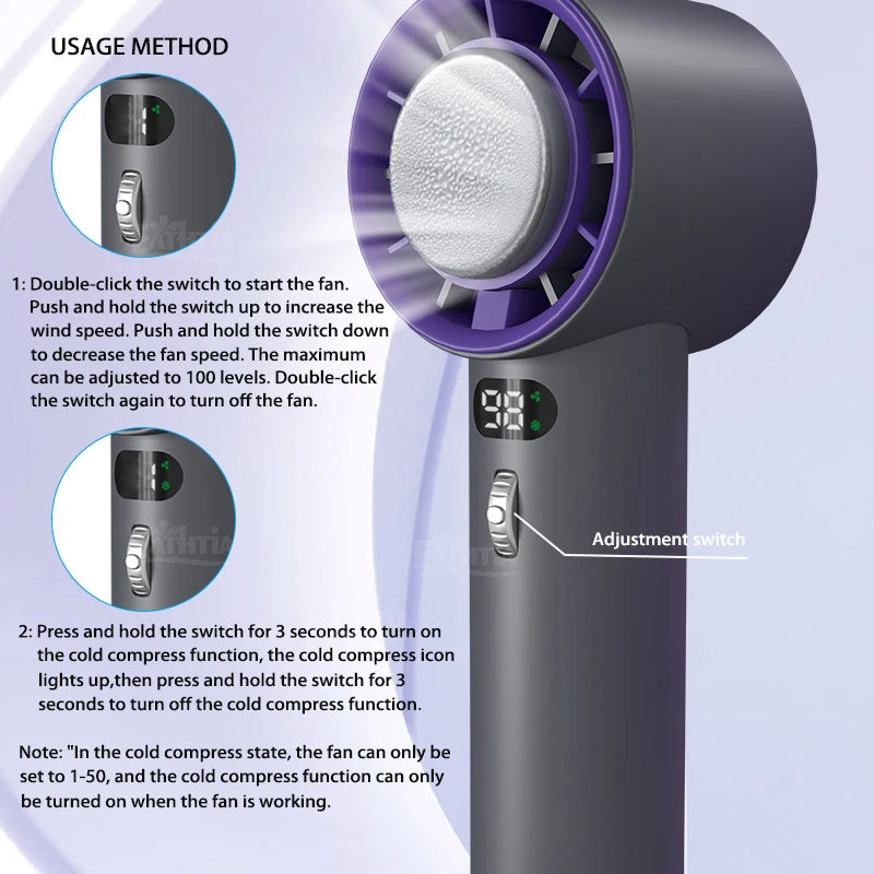 Portable Turbo Fan - Handheld, Adjustable Speeds, 3000mAh Battery