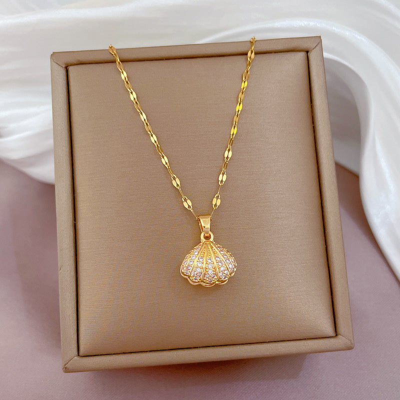 Shell Pearl & Zircon Necklace – Elegant Rhinestone Jewelry for Women