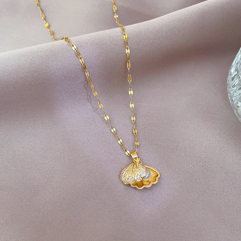 Shell Pearl & Zircon Necklace – Elegant Rhinestone Jewelry for Women