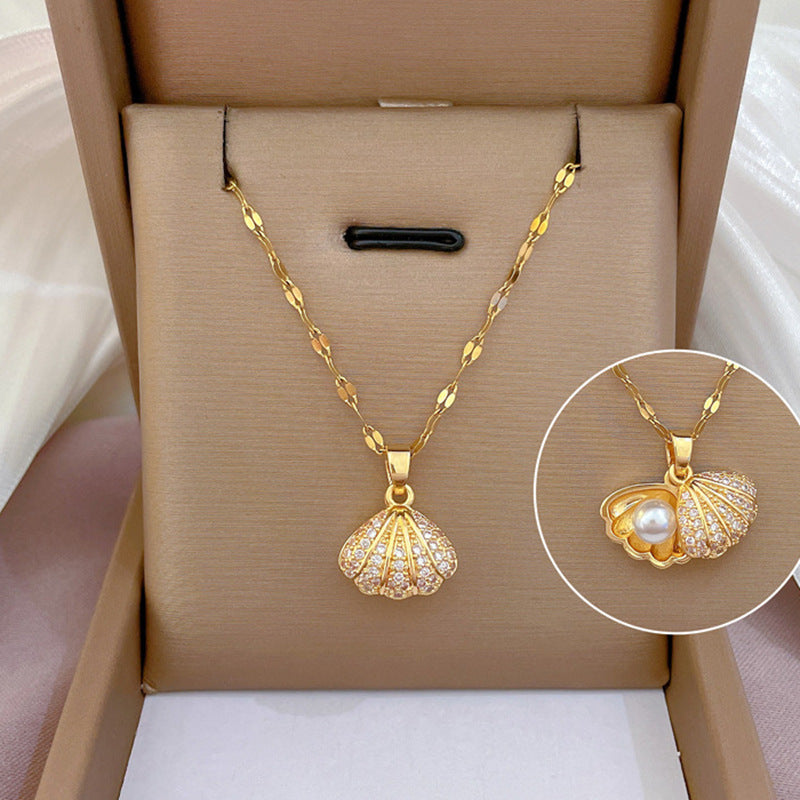 Shell Pearl & Zircon Necklace – Elegant Rhinestone Jewelry for Women