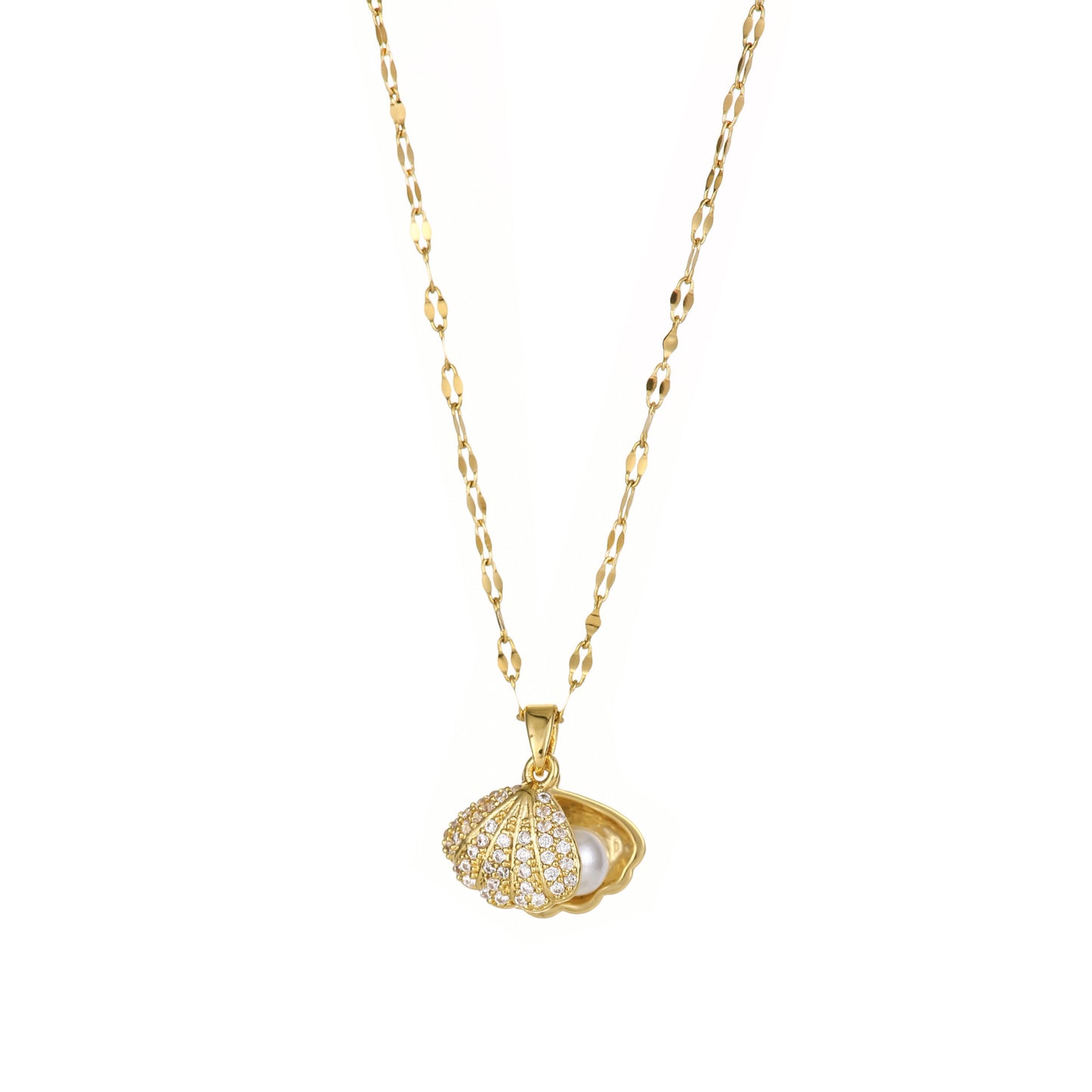 Shell Pearl & Zircon Necklace – Elegant Rhinestone Jewelry for Women