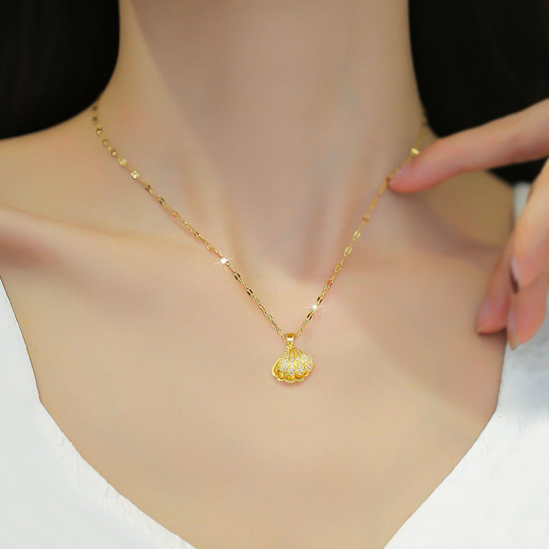 Shell Pearl & Zircon Necklace – Elegant Rhinestone Jewelry for Women