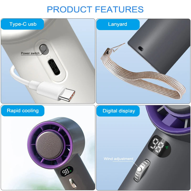 Portable Turbo Fan - Handheld, Adjustable Speeds, 3000mAh Battery
