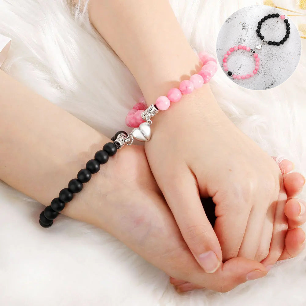 Magnetic Couple Bracelets – Heart Pendant & Natural Stone Design