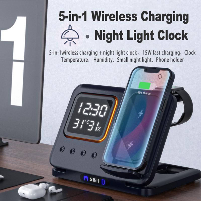 5-in-1 Wireless Charging Stand – 15W Fast Charger & LED Alarm Clock