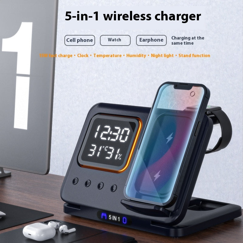 5-in-1 Wireless Charging Stand – 15W Fast Charger & LED Alarm Clock