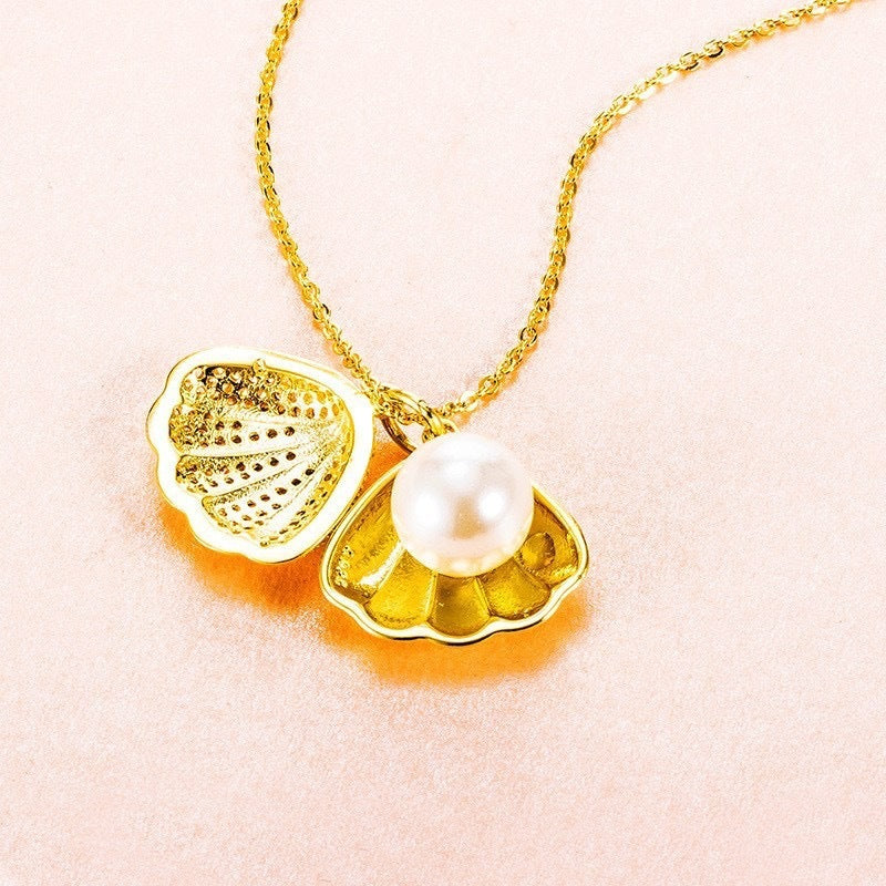 Shell Pearl & Zircon Necklace – Elegant Rhinestone Jewelry for Women