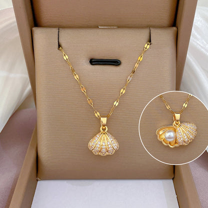 Shell Pearl & Zircon Necklace – Elegant Rhinestone Jewelry for Women