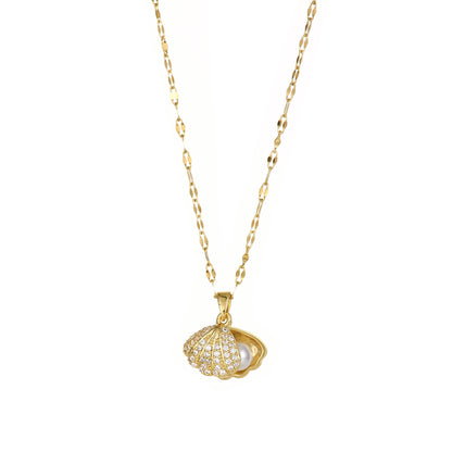 Shell Pearl & Zircon Necklace – Elegant Rhinestone Jewelry for Women